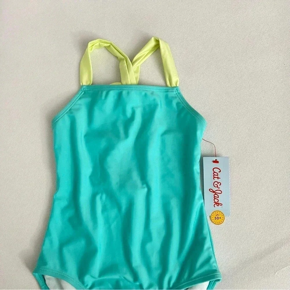 One Piece Swimsuit Cat & Jack Teal Lime Back Detail Size Small (6/6X6) UPF 50+